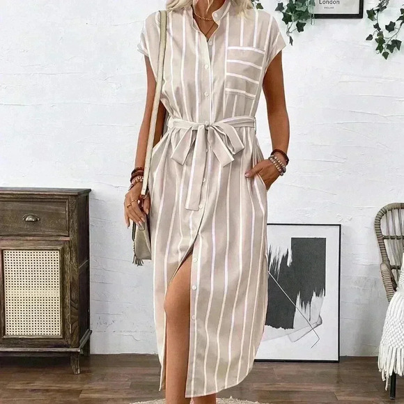 Apricot Casual Women's French-Style Striped Color-Block Shirt Dress - Picture 5 of 8